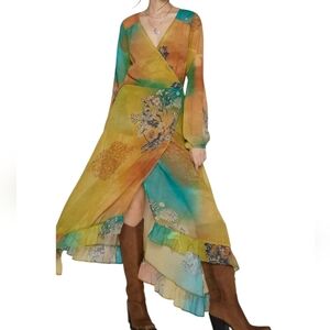 Kimchi Blue UO Amy Duster Dress Sheer Floral Print Midi Wrap Style Ombre Sz XL
